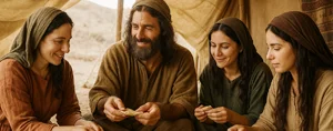 Jacob y sus esposas comiendo dentro de una tienda en el antiguo Israel