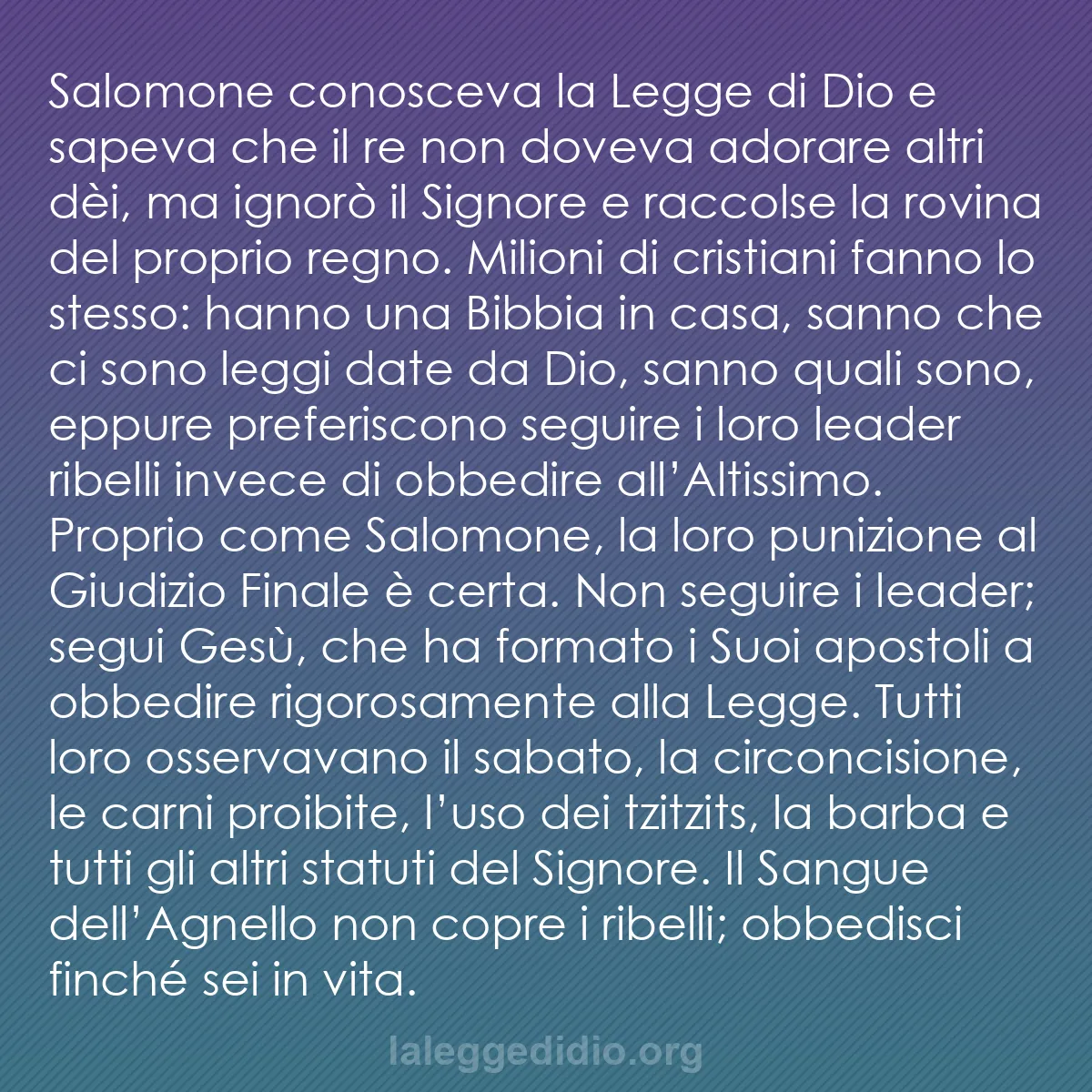 b0162 - Post sulla Legge di Dio: Salomone conosceva la Legge di Dio e sapeva che il re non doveva...
